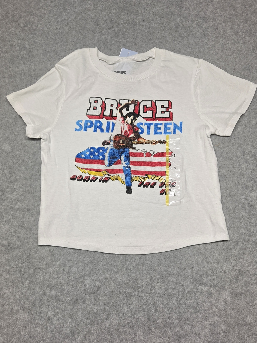 0188 White Graphic Crop Top with Patriotic Band Print